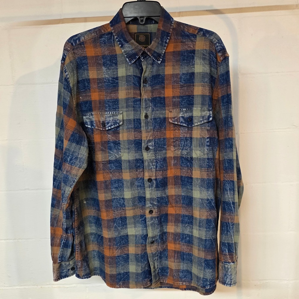FX Fusion Mens Large Acid Wash Plaid Button Down Shirt Blue Orange Flannel Style